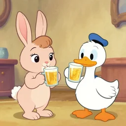 a cartoon female rabbit and comics male duck drinking beer together in disney style
