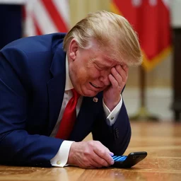 Donald Trump crying because he dropped his mobile phone on the floor