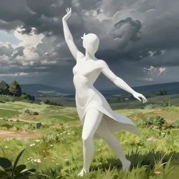 portrait of Syndra from League of Legends in white dress, countryside, calm, fantasy character portrait, dynamic pose, above view, sunny day, thunder clouds in the sky, artwork by Jeremy Lipkin and Giuseppe Dangelico Pino and Michael Garmash and Rob Rey, very coherent asymmetrical artwork, sharp edges, perfect face, simple form, 100mm