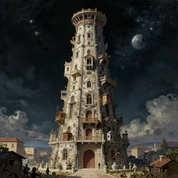 a lunarpunk tower painting made by Leonardo Da Vinci