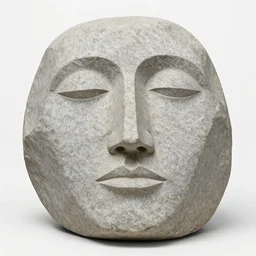 casual, precise by grandma moses, by cory loftis. a mixed mediart of a large granite boulder carved to resemble a human face. the nose is slightly upturned, & the eyes & mouth are closed.
