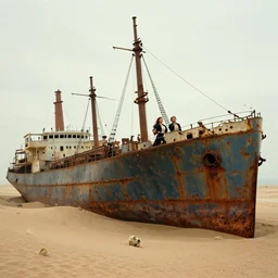 an abandoned rusty cargo ship in the desert with leonardo dicaprio and kate winslet in the movie titanic as skeletons, standing on the bow, wide shot, zoomed out, extremely detailed line art and watercolor by kim jung gi and greg rutkowski