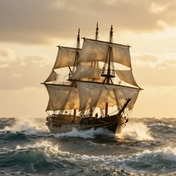 pirate sloop, heavy winds, huge waves, golden hour, dramatic lighting, digital art, color photograph 8 5 mm / f 1. 8