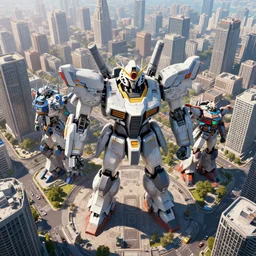 bird's eye view of giant robots standing in the middle of a city, highly detailed, digital art, trending on artstation, very beautiful 4 k