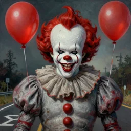 grunge cartoon painting of the end of the road with a wide smile and a red balloon by chris leib, loony toons style, pennywise style, corpse bride style, horror theme, detailed, elegant, intricate