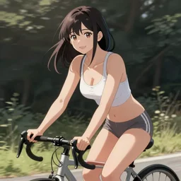 Matoi Ryuko rides a bike, hourglass slim figure, seductive smile, details, sharp focus, illustration, by Jordan Grimmer and greg rutkowski, Trending artstation, pixiv, digital Art