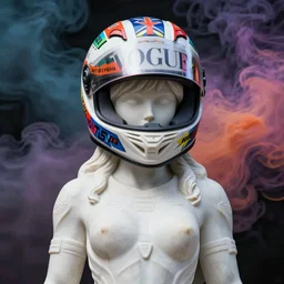 extremely beautiful photo of a white marble statue of a girl with colorful motocross logos and motorcycle helmet with closed visor, colorful smoke in the background, carved marble statue, symmetrical, vogue, fine art, neon genesis evangelion, virgil abloh, offwhite, denoise, highly detailed, 8 k, hyperreal