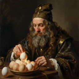 Pensive Wizard Examining Eggs, by Rembrandt.