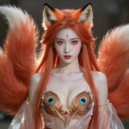 prompt A beautiful portrait of a white red orange kumiho, stunning gorgeous asian face, translucent silky dress, a bra in the shape of peacock feathers, close up front view, long clumpy hair in the shape of fox tail, backlit, concept art, matte painting, by Peter Mohrbacher