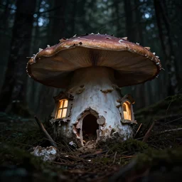 A mushroom house that has been destroyed and now it is in rumbles , light coming from the windows, in a dark forest, macro, underexposed, overecast, mysterious matte painting by greg rutkowski and marc simonetti and Ivan Shishkin