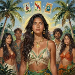 a ultradetailed beautiful painting of a latina brazilian girl ( ( ana de armas ) ) in amazonas by hsiao ron cheng, ngai victo, nivanh chanthara jean delville wlop and dougherty patrick, trending on artstation, mediterranean, palm trees, light sparkles, major arcana sky, sharp focus, soft light