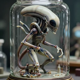 horro scene beautiful three point perspective film still of holly herndon xenomorph lab scene in aliens, extreme closeup 3 / 4 portrait in style of frontiers in blade runner miniature photography fashion architectural art studio edition, real - life porcelain statue in victorian glass jar, pursed lips, anatomically correct, tilt shift background, sharp focus, panavision, 8 k, macro, cinematic style
