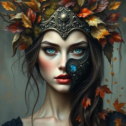 portrait of beautiful female model by irakli nadar with intricate detailed color smashing fluid oil paint and acrylic, dried moss and dried autumn leaves headdress, ornate metal half face mask, haunting, elite, elegant, melting wax, mycelia, abstract impressionism, ruan jia, dark fantasy, hyper detailed, concept art, by gustav klimt,