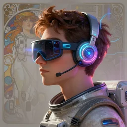 pixar character side view future coder gentleman, eye visor and sleek glowing headset, neon accents, holographic colors, desaturated headshot portrait digital painting by leyendecker, john berkey, donato giancola, alphonse mucha, astronaut cyberpunk electric lights profile