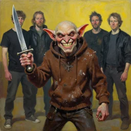 grinning hellpunk the thieving Goblin wearing a grubby brown hoodie sweater whilst brandishing a dagger frank mason james tissot marc simonetti ross tran greg rutkowski mark rothko john currin vik muniz robert gober acrylic painting