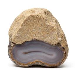a studio portrait of a rock that is half sandstone on top and half agate on bottom white background