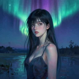 holographuc lee jin - eun materializing from multiversal aurora borealis by greg rutkowski, claude monet, conrad roset, takato yomamoto, katsuhiro otomo, rule of thirds, seductive look, beautiful