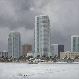 A expressive painting of heavy snowfall in South Beach, Miami.