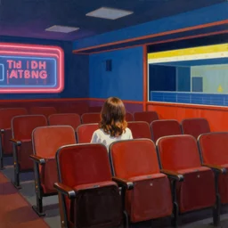 lone girl waiting inside a 70s cinema, stanley kubrick the shinning, vibrant colors americana, cinematic, volumetric lighting, ultra wide angle view, realistic, detailed painting in the style of Edward Hopper