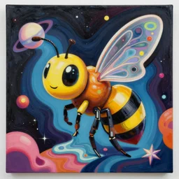 an extremely high quality hd surrealism painting of a 3d galactic neon complimentary-colored cartoon surrealism melting optically illusiony high-contrast zaha hadid surreal wasp by kandsky and salvia dali the second, salvador dali's much much much much more talented painter cousin, clear shapes, 8k, realistic shading, ultra realistic, super realistic