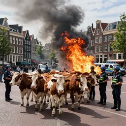 cows demonstrating with police, on dam square amsterdam, burning, sirens police
