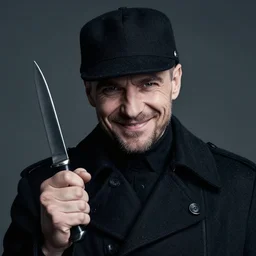 sinister kgb agent smiling with a knife in his hand portrait close up