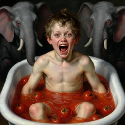 a boy like eraserhead and elephant man sitting in a tub full of tomato sauce, looking straight into camera, screaming in pain, by giuseppe arcimboldo and ambrosius benson, renaissance, fruit, intricate and intense oil paint, a touch of beksinski and hr giger, realistic