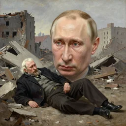 vladimir putin, is beggar on ground, despair, ruined city, by william logsdail and augustus edwin mulready, realistic face