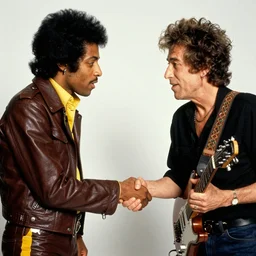 Jimi Hendrix shaking hands with Bob Dylan by Laurie Lipton