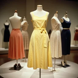 the film still photographed image is a vintage leisure wear ensemble from the 1 9 5 0 s. the slip is inspired by yellow. it is displayed on a collection of mannequins in a museum exhibit.