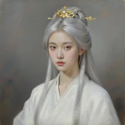 thin young beautiful girl with silver hair, pale!, wearing white robes!, wearing hair, golden goddess, young cute wan korean face, silver hair!!, oil on canvas, style of jean delville, 4 k resolution, aesthetic!,