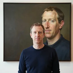 pavel durov stands in front of a painting portrait of mark zuckerberg, realism, 8 k detailed, soft light, depth of field, focus
