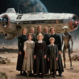 128k film still from a sci fi blockbuster color movie made in 2022, set in 1860, of a family standing in front of a spaceship that has just landed on an alien planet, a humanoid alien creature stands nearby, the family are all wearing 1850s era clothes, cinematic lighting, human faces, extremely good lighting, winner of seven oscars