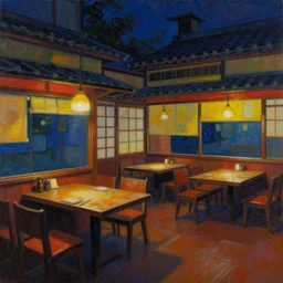 painting of night time intimate empty restaurant by artgerm mullins rutkowski mucha traditional japanese architecture concept art fantasy octane raytracing vivid color stunning environment indirect light artstation