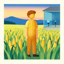 a man made of corn, risograph by laurie greasley, kawase hasui, josan gonzalez, jean giraud, moebius and edward hopper, colourful flat surreal design, in the style of oxenfree and hollow knight, super detailed, a lot of tiny details, fullshot