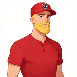 tall skinny white guy with very short blonde beard wearing a nc state red baseball cap and red shirt full color digital illustration in the style of don bluth, artgerm, artstation trending, 4 k