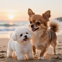 a photorealistic closeup image of a cute brown colored long haired chihuahua cocker spaniel dog plays with a happy white bichon frise puppy on the beach. sunset, surf, brightly lit scene. fine detail. nice composition. 4 k hd unreal engine