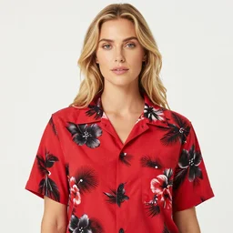 blonde woman wearing a red aloha shirt with black flowers