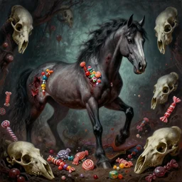 gothic style painting of a horrifying evil horse, surrounded by different kinds of candy and bones, evil candy mare, extremely scary, extremely detailed!!!, horror themed, dim lighting, gothic style painting, horse skulls everywhere, horrifying, grim colors, dark dramatic lighting, open wound filled with candy on horse, ispy book