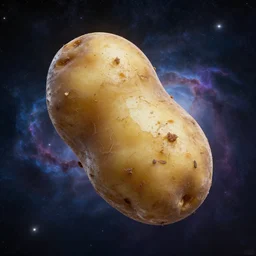rotten potato floating in the universe with nebula in the back, highly detailed, photo realistic
