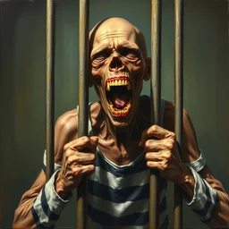 skinny prisoner screaming holding prison bars, realism, oil painting