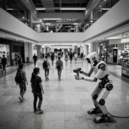 camera footage of a Robot hunting people in an abandoned shopping mall, high exposure, dark, monochrome, camera, grainy, CCTV, security camera footage, timestamp, zoomed in, fish-eye lense, Robot, Drone, Intense, Darpa,