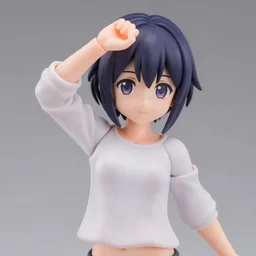 complete figure of short emo girl wearing a comfy blouse, shortstack, torso missing, only limbs and head, personification, tsurime eyes, tareme eyes, eyes by kon satoshi, ^. ^ eyes, dynamic pose, amiami, aniplex, kotobukiya, beautiful composition, 4 5 mm lens, focal length 2, hdr
