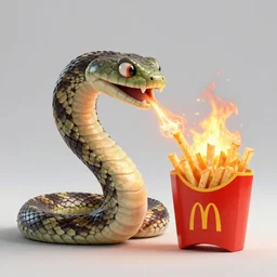 a  snake spitting fire and eating french fries in a mc donalds commercial, 4k sharp, 3d render , cinema4d by Beeple and pixar