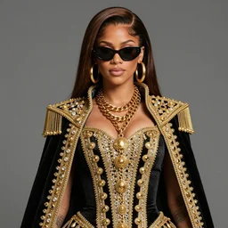 Zendaya wearing designer royal mantle as doja cat as cardi b wearing gold chain and sunglasses and gold hoop earrings by greg rutkowski by artgem trending on artstation hero concept art