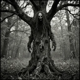 A vintage photograph of a creepy and scary tree person, macabre W- 768