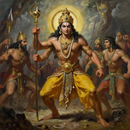 Asura King Ravan in an epic dramatic scene from Ramayan , by Bruce Pennington, by Wayne Barlowe, by Greg Rutkowski, oil on canvas, masterpiece, detailed, dynamic, cinematic composition, beautiful lighting, view from ground, trending on artstation, top on pixiv, 8K, no frames,