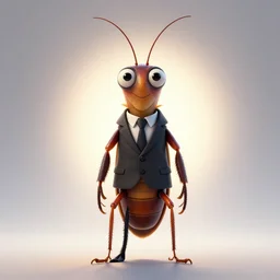 full body shot of a thin anthropomorphic cockroach with big eyes wearing a suit with a tie, with long thin antennae, trending on artstation, trending on deviantart ,backlighting, 8k, hyper detail illustration, symmetrical, correct proportions, 3d render, by tim schafer, vibrant colors, by tim burton, studio ghibli, disney studios
