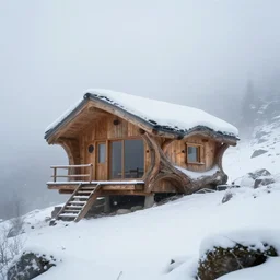 wooden cabin in mountain covers by snow, foggy day, hyper realistic, Future design, architecture design, foggy, organic form, foggy, environment, Cinematography, mega scans, sloped site, cinematic, hyper realistic, photo real, cinematic composition, highly detailed, vray, 8k render