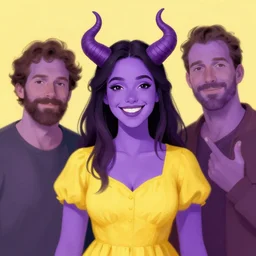 a purple skin woman with small horns!!, smiling, dark hair, curvy horns, with and yellow shirt and dress, chaste, portrait by rossdraws and daniel docciu and dave dorman